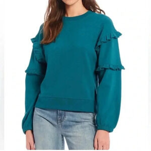 New Rebecca Minkoff Blue Green Sweatshirt Evelyn Ruffle Sleeves S​​​